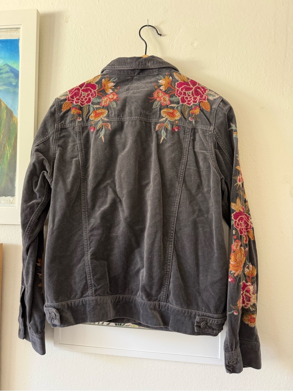 Johnny Was Charcoal Velvet Jacket with Floral Embroidered Sleeves - Picture 2 of 7